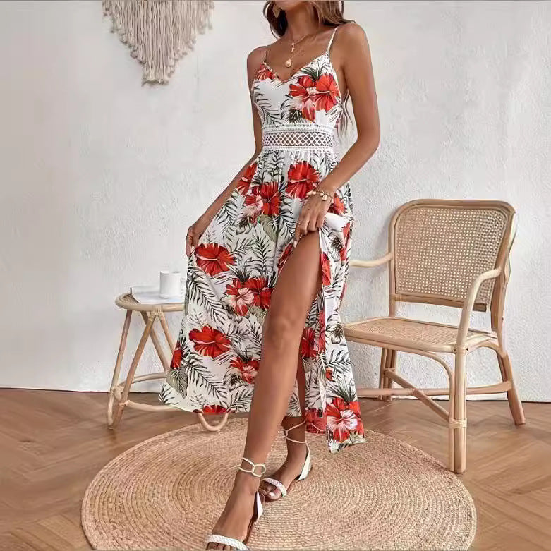 Floral Spaghetti Strap Cut Out High Split Maxi Dress 6
