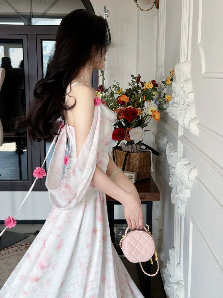 Floral Spaghetti Strap Backless Appliqué Maxi Dress 4