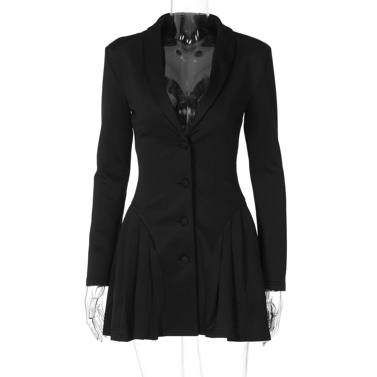 Deep V-Neck Long Sleeve Button Front Pleated Mini Dress 7
