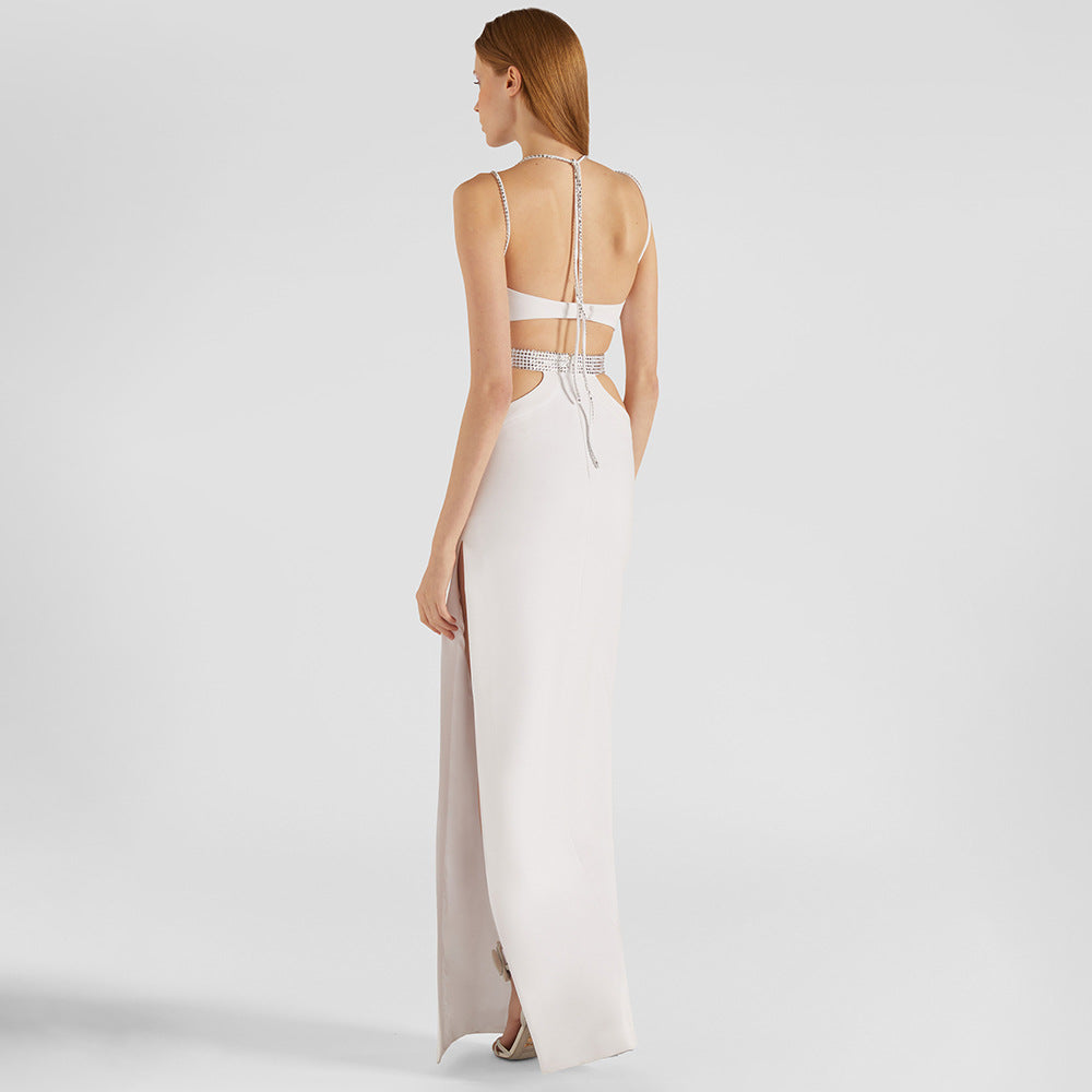 White Rhinestone Hollow Out Cutout Camisole Backless Maxi Dress - View 2