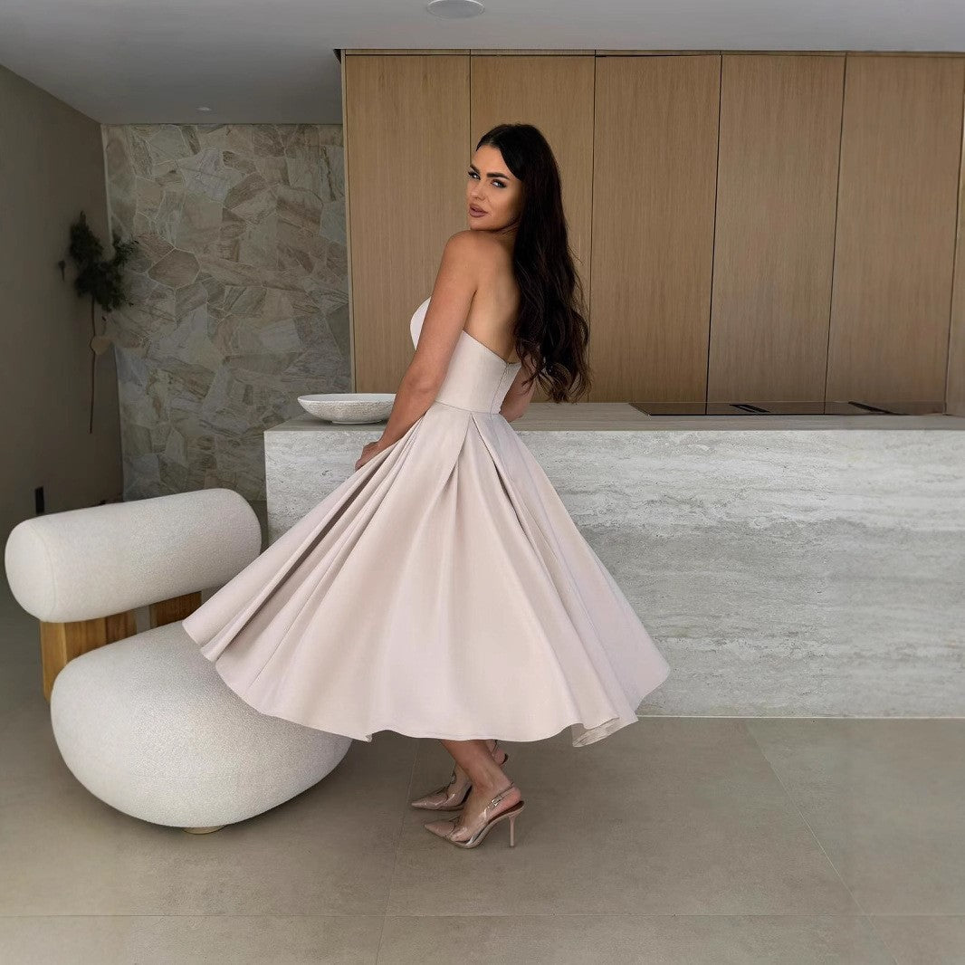 Strapless Fit and Flare Pleated Midi Cocktail Dress