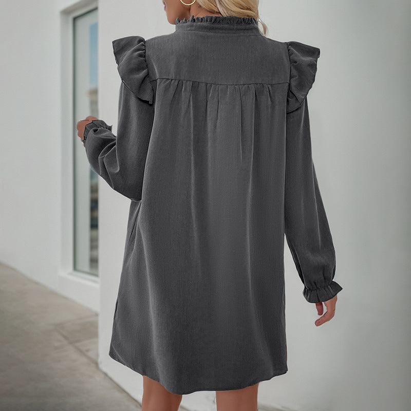 Solid Color Ruffles Long Sleeve Loose Collared Dress Women