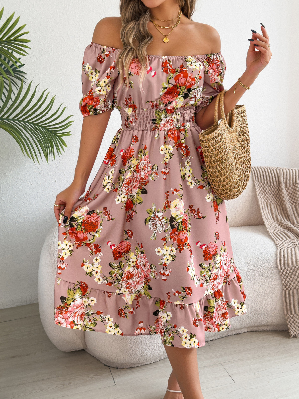 Rose Print Off Shoulder Puff Sleeve Shirred Waist Ruffle Hem Midi Dress 4