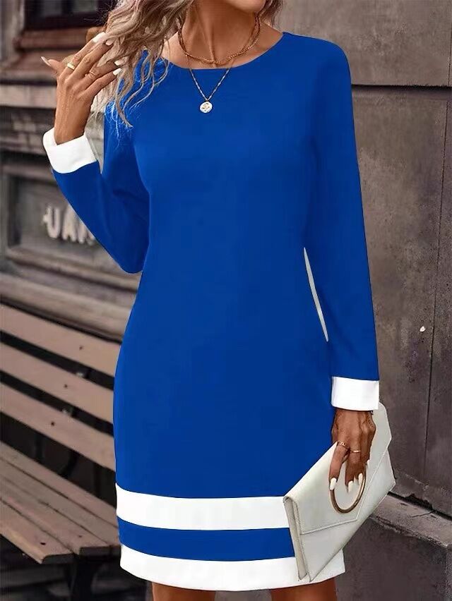Crew Neck Long Sleeve Contrast Cuff Stripe Hem Bodycon Knee Length Dress