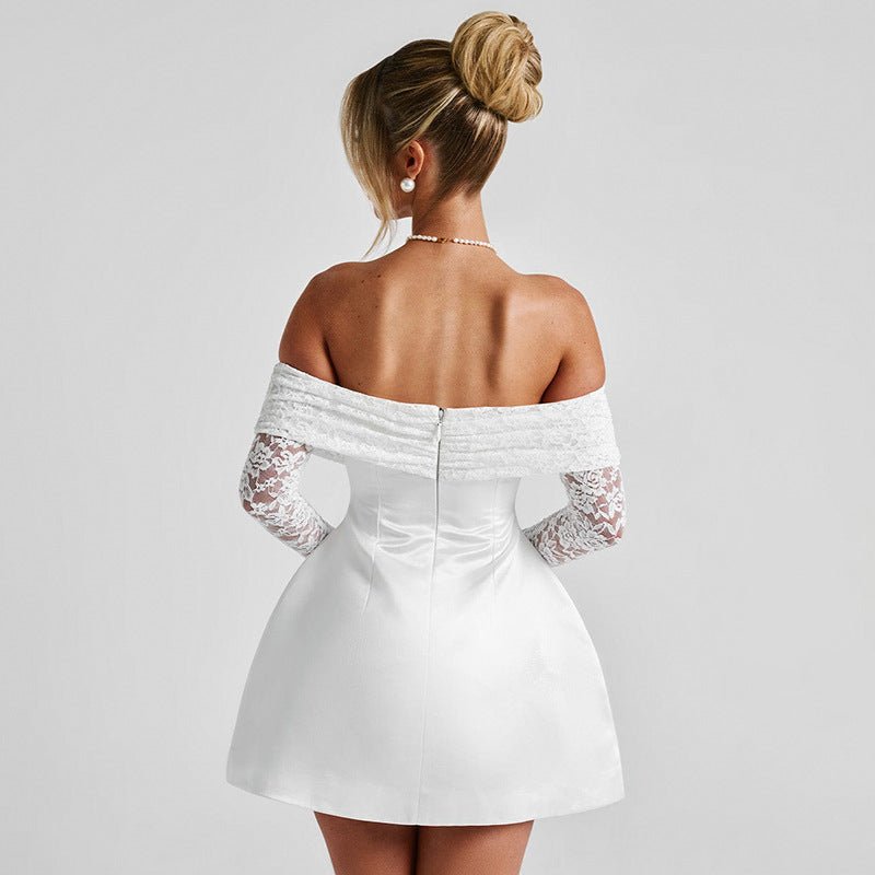 Off-Neck Lace Stitching Long Sleeve A-Line Dress
