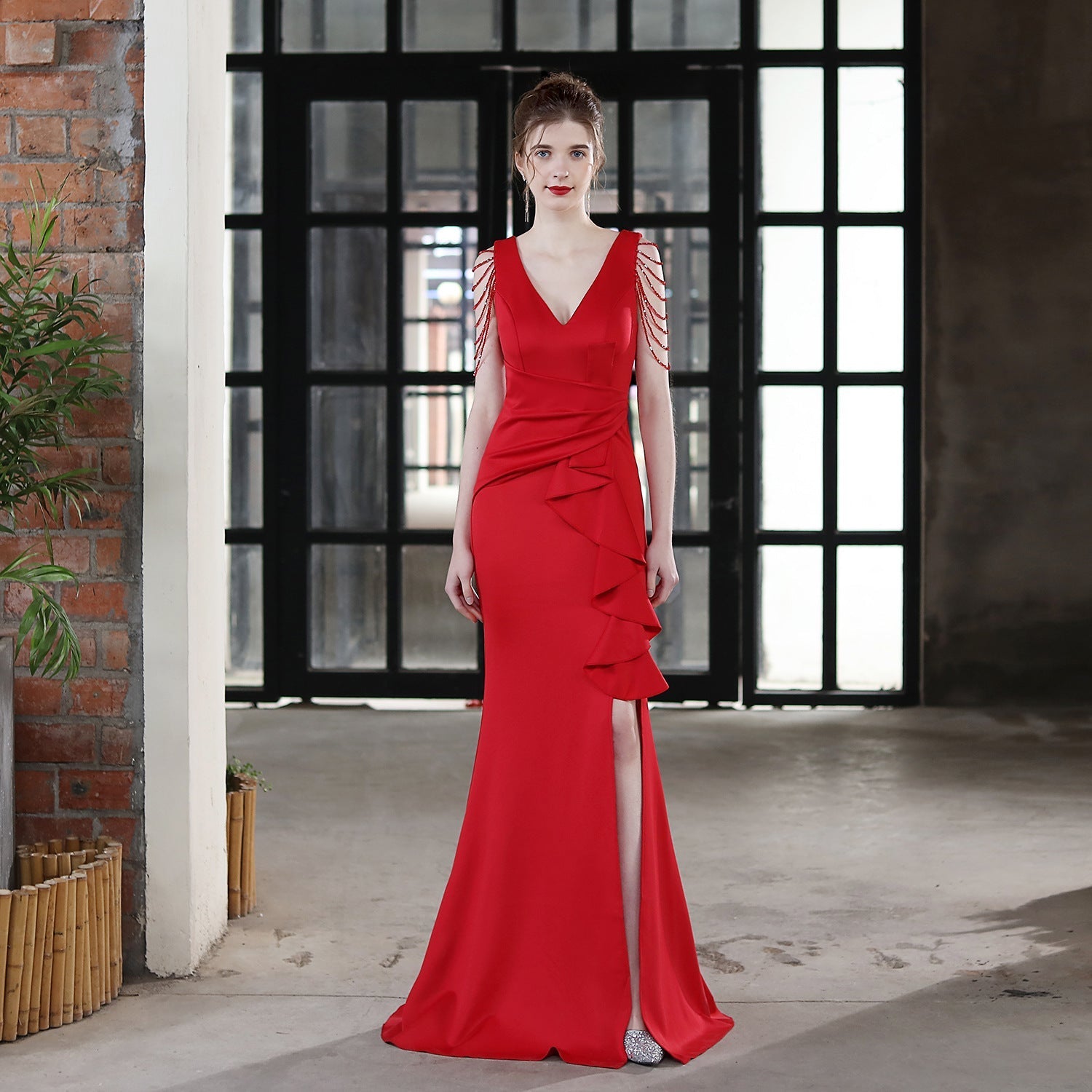 Deep V-Neck Beaded Shoulder Fringe Wrap Waist Side Ruffle High Split Maxi Gown
