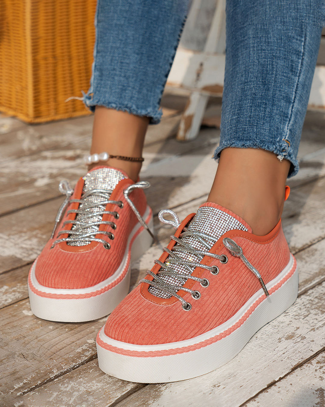 Shimmering Silver Lace-up Tongue Textile Athletic Shoes