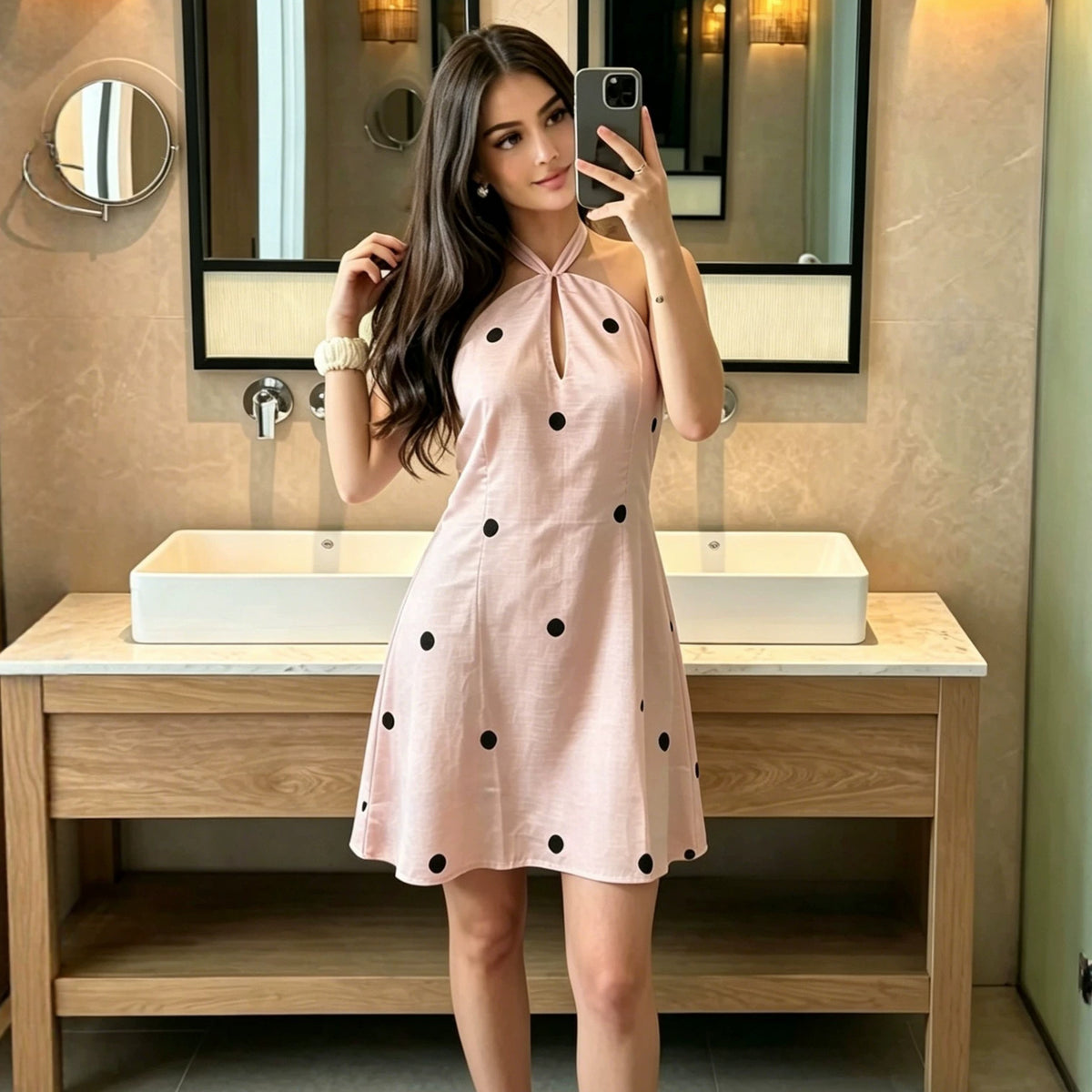 Polka Dot Halter Neck Keyhole Sleeveless A-Line Mini Dress