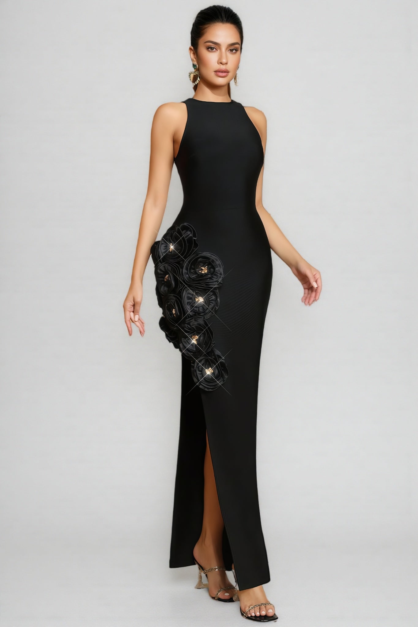 Noa Black 3D Floral Bandage Maxi Dress - View 3