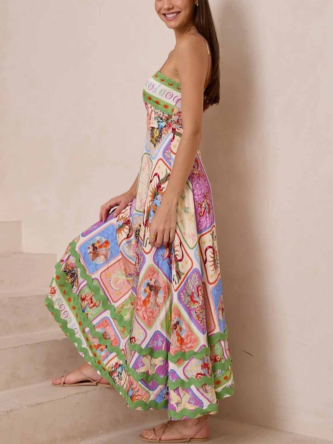Patchwork Print Spaghetti Strap Scallop Trim Maxi Dress 2