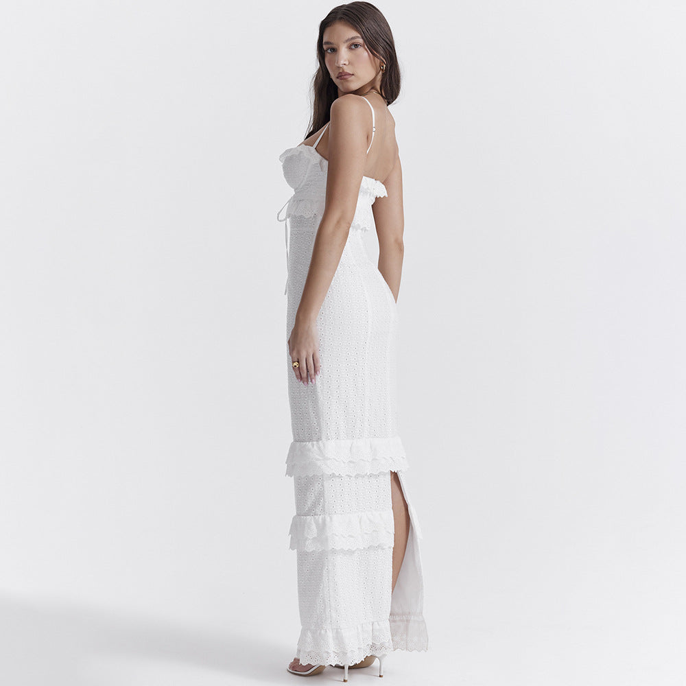 Eyelet Lace Corset Tie Front Tiered Ruffle Spaghetti Strap Maxi Dress