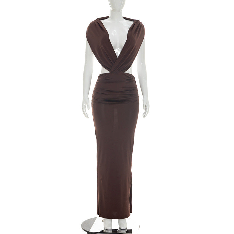 Deep V-Neck Cap Sleeve Side Cut Out Ruched Waist Bodycon Maxi Dress 5