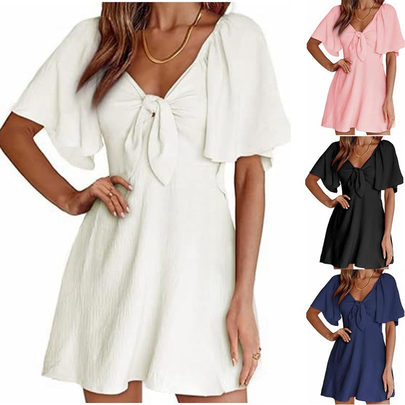 V-Neck Flutter Sleeve Tie Front A-Line Mini Dress
