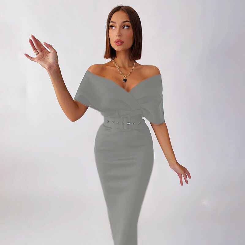 Off Shoulder Wrap Bodice Belted Bodycon Midi Dress 6