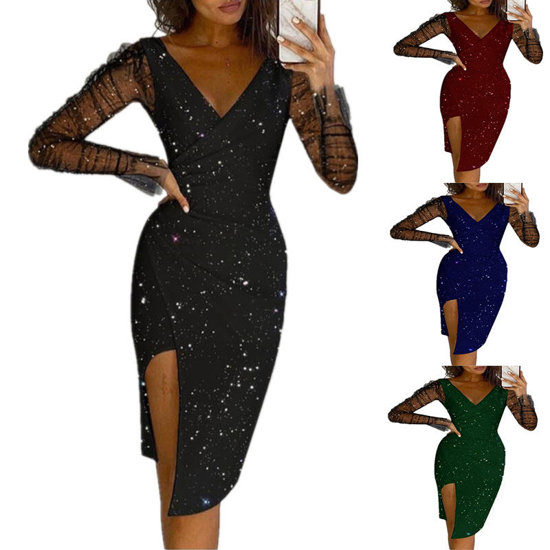 Ofelia Effortless Women's Evening Dress with Transparent Sleeves and Glittering Star Motif Designer Edit
