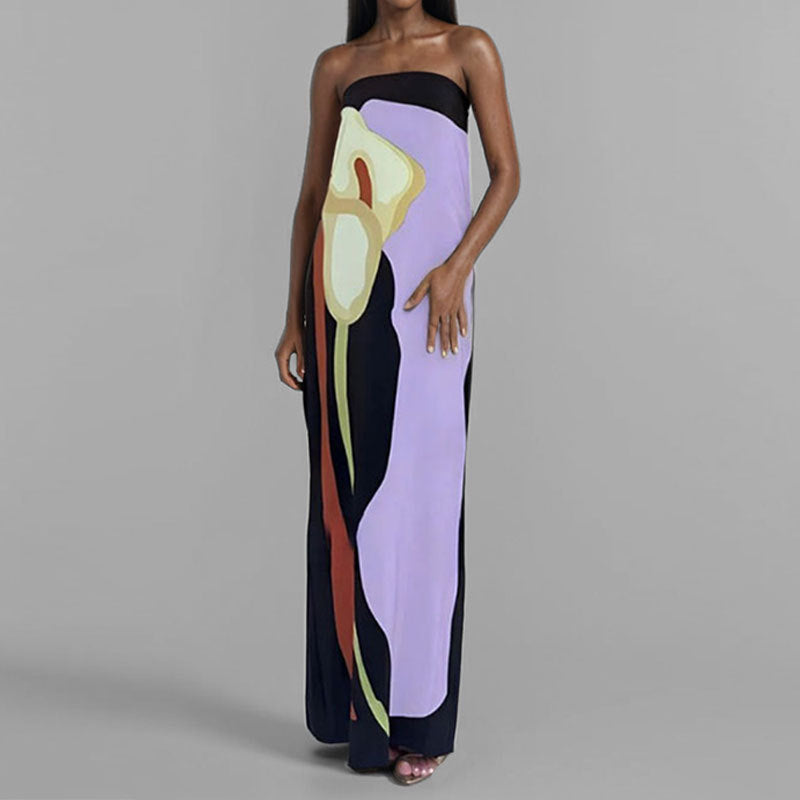 Strapless Floral Print Column Maxi Gown