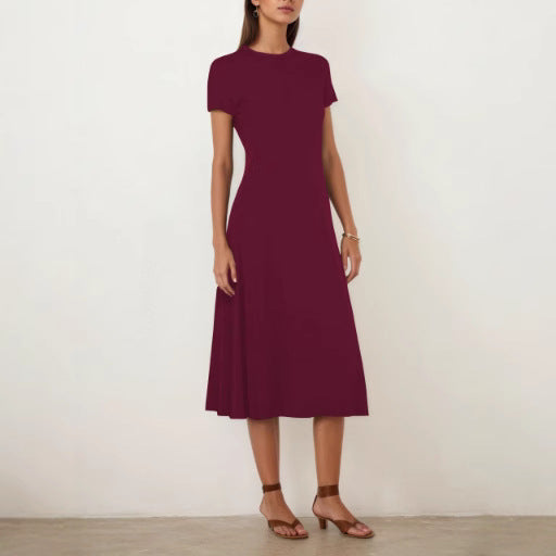 Summer Casual round Neck Short Sleeve Slim Fit A line Swing Dress