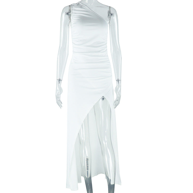 One Shoulder Ruched Asymmetric Wrap Hem High Split Midi Dress 5