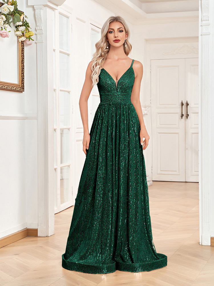 Sequin Deep V-Neck Backless Ruched A-Line Maxi Dress