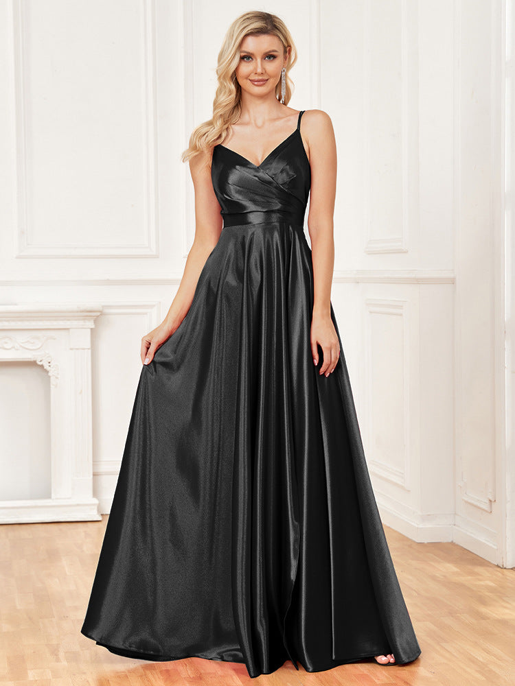 Satin Spaghetti Strap V-Neck Ruched A-Line Maxi Dress - View 4