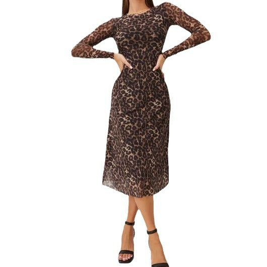 Leopard Print Mesh Long Sleeve Crew Neck Midi Dress