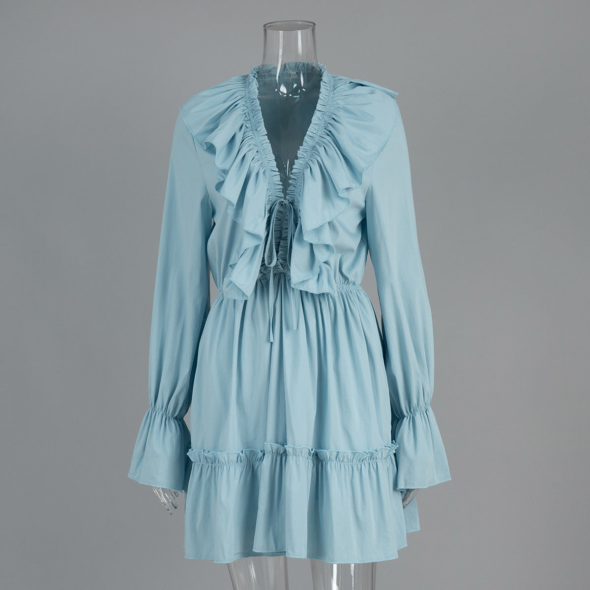 Deep V-Neck Long Sleeve Ruffle Tiered Mini Dress 9