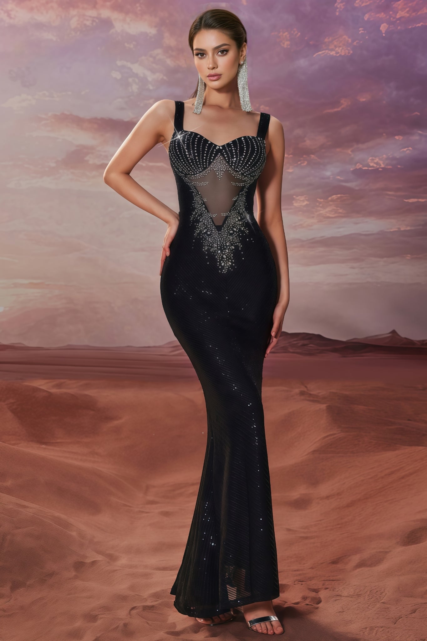 Rhinestone Beaded Mesh Panel Sweetheart Neck Sequin Mermaid Maxi Gown
