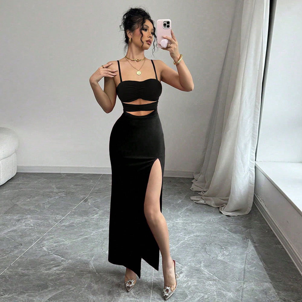 Spaghetti Strap Ruched Bust Cut Out Waist High Split Bodycon Midi Dress 2