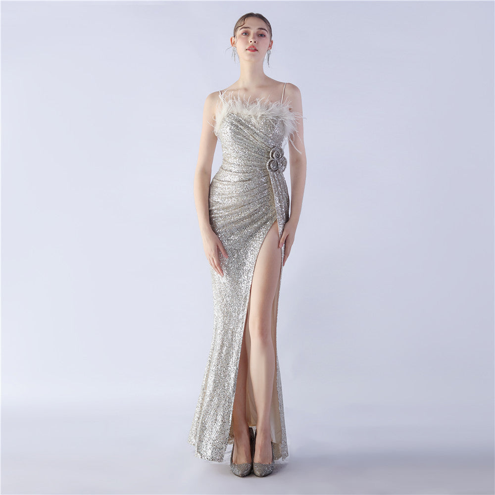 Sequin Spaghetti Strap Feather Trim High Split Mermaid Gown