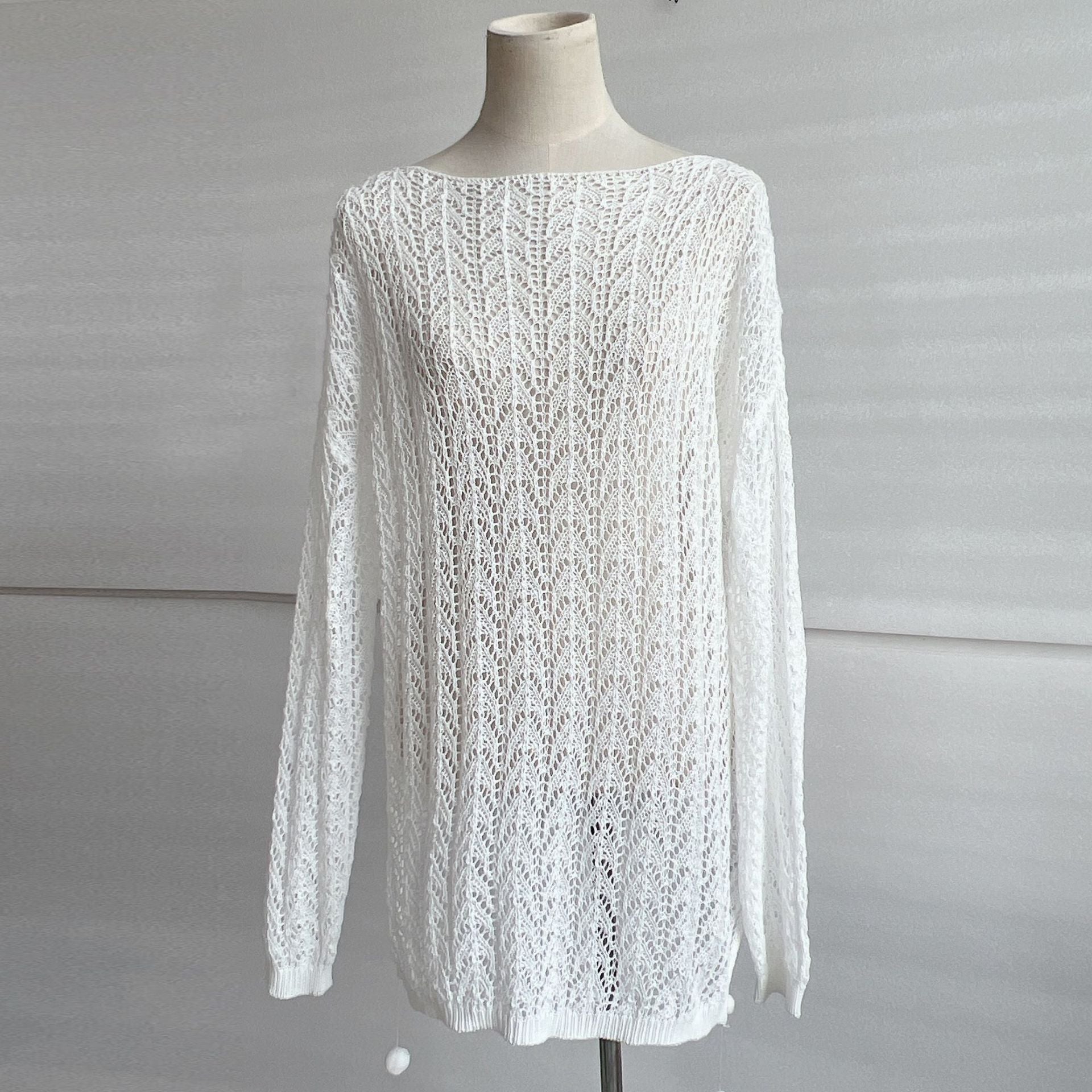 Crochet Open Knit Boat Neck Long Sleeve Beach Cover Up Mini Dress