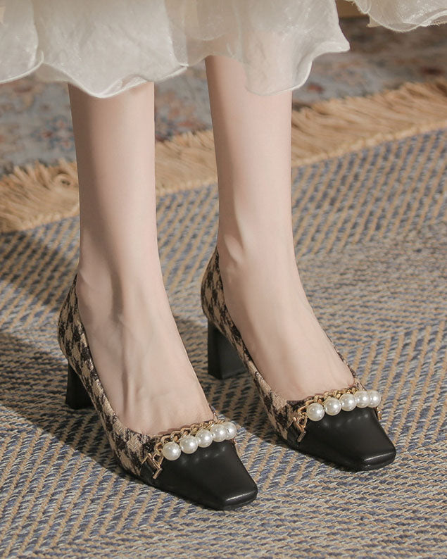 Pearl-Embellished Chunky Heel Plaid Velvet Shoes