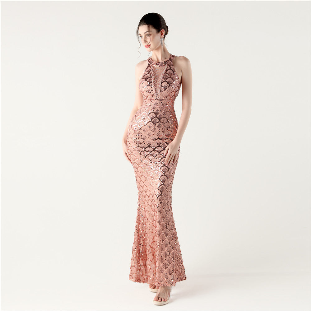 Sequin Halter Neck Backless Mermaid Maxi Evening Gown