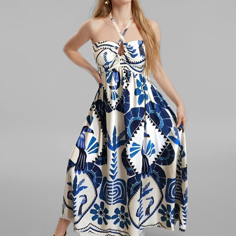 Bird and Tile Print Cross Halter Neck Keyhole Maxi Dress 2