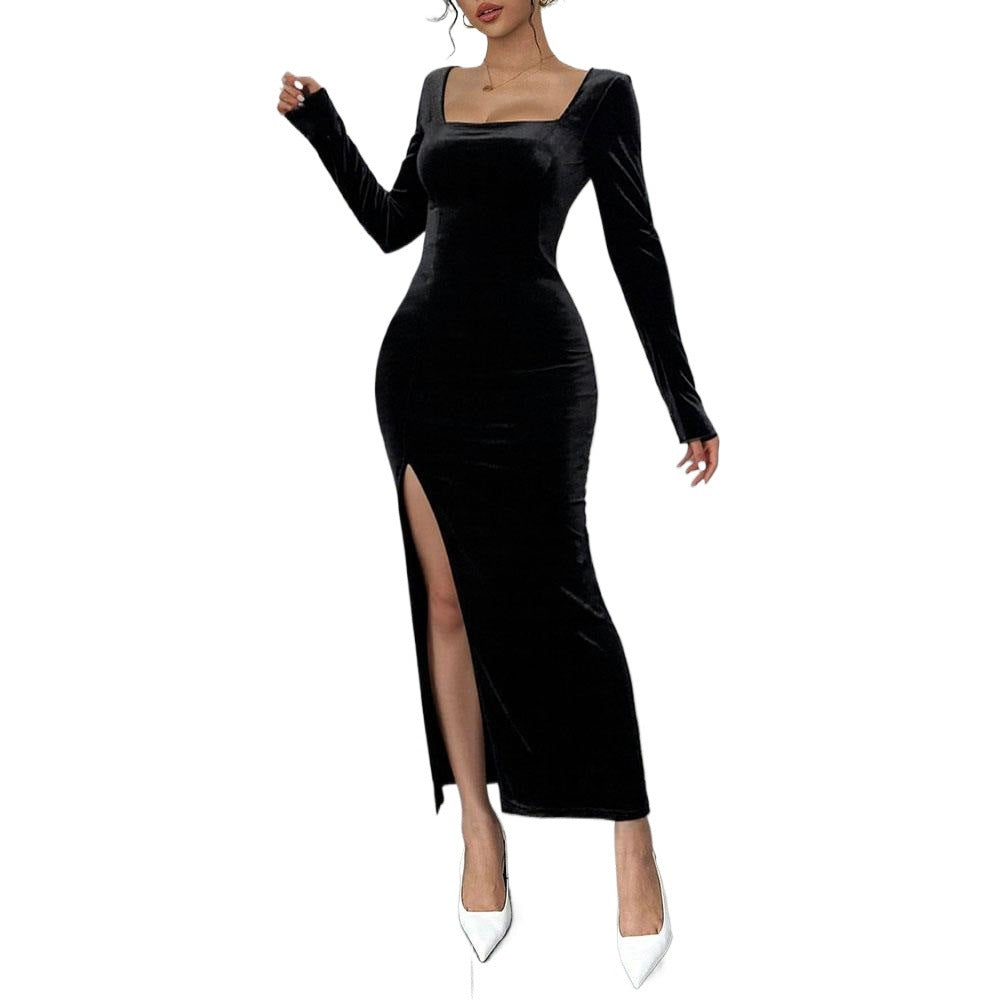 Velvet Square Neck Long Sleeve High Split Bodycon Midi Dress 5