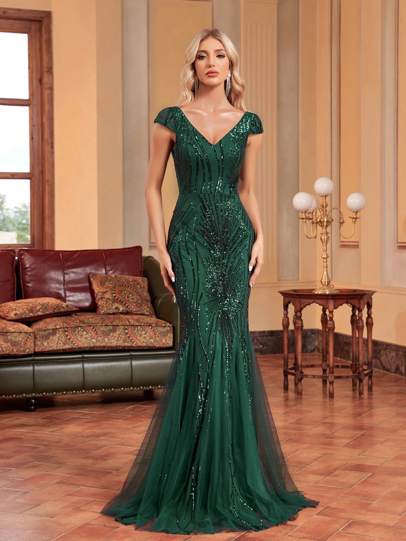 Sequin V-Neck Cap Sleeve Tulle Mermaid Maxi Gown