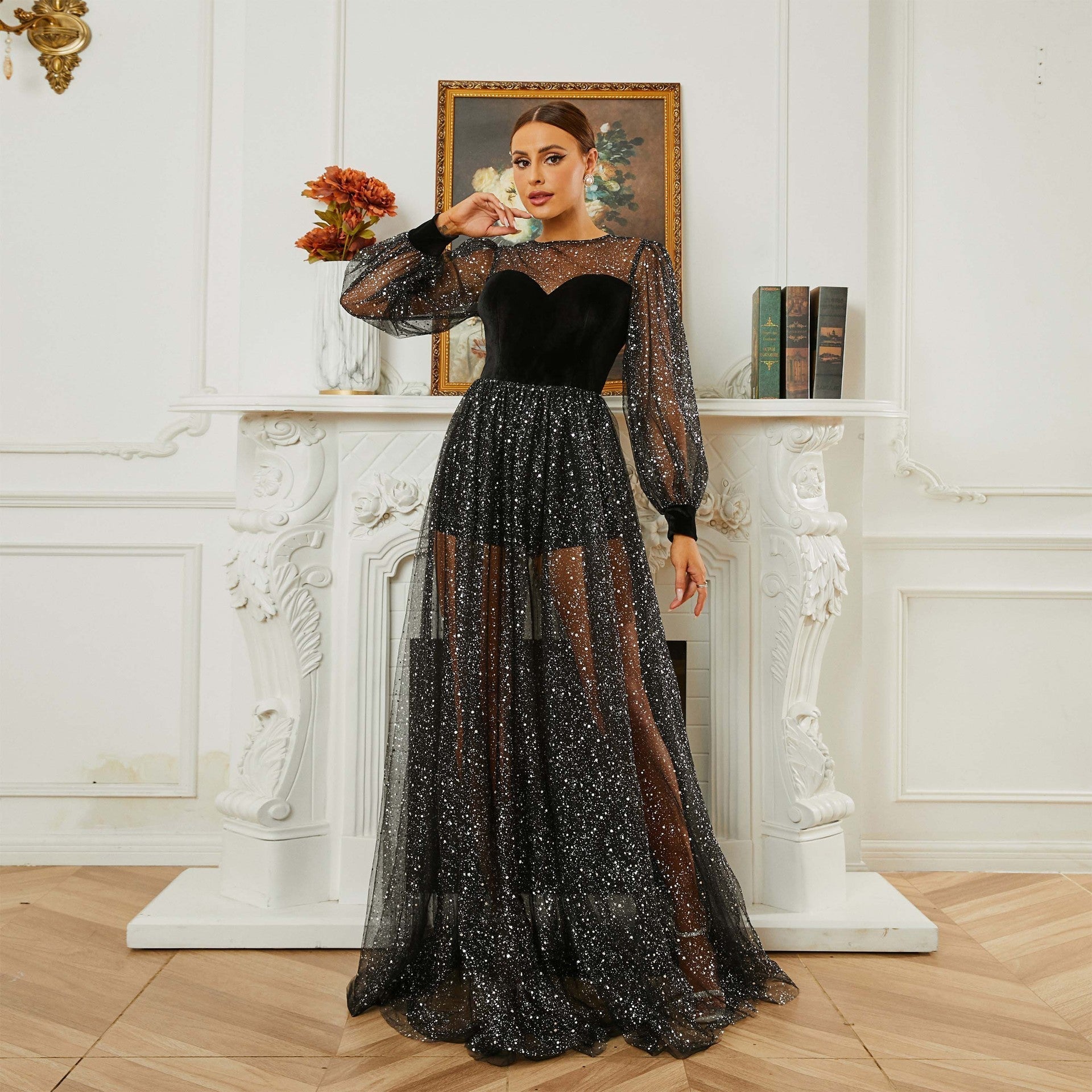Glitter Round Neck Puff Sleeve Sheer Tulle A-Line Maxi Dress