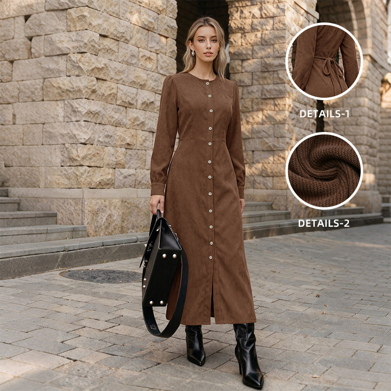 Corduroy Round Neck Button Front Long Sleeve Tie Back Maxi Dress
