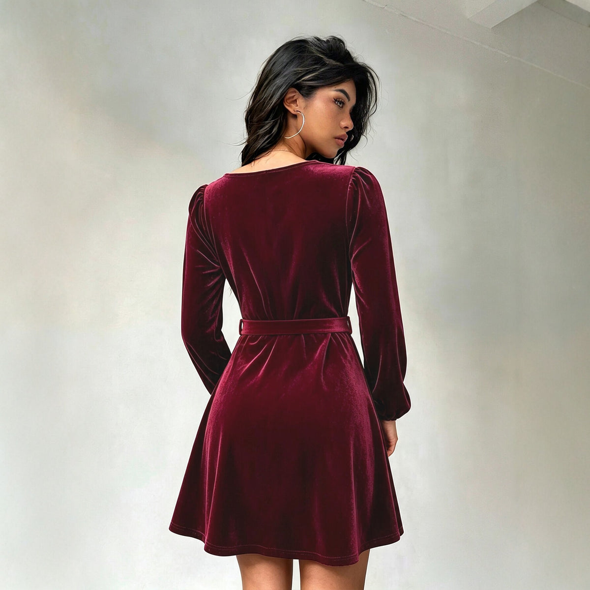 Women Clothing V neck Velvet Dress Women Lace up Waist Controlled Slimming Puff Sleeve A line Dress