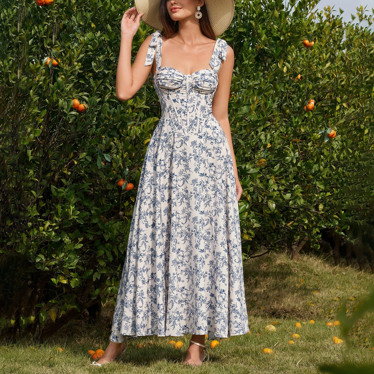 Floral Print Tie Strap Corset Bodice Sweetheart Neck A-Line Maxi Dress 3