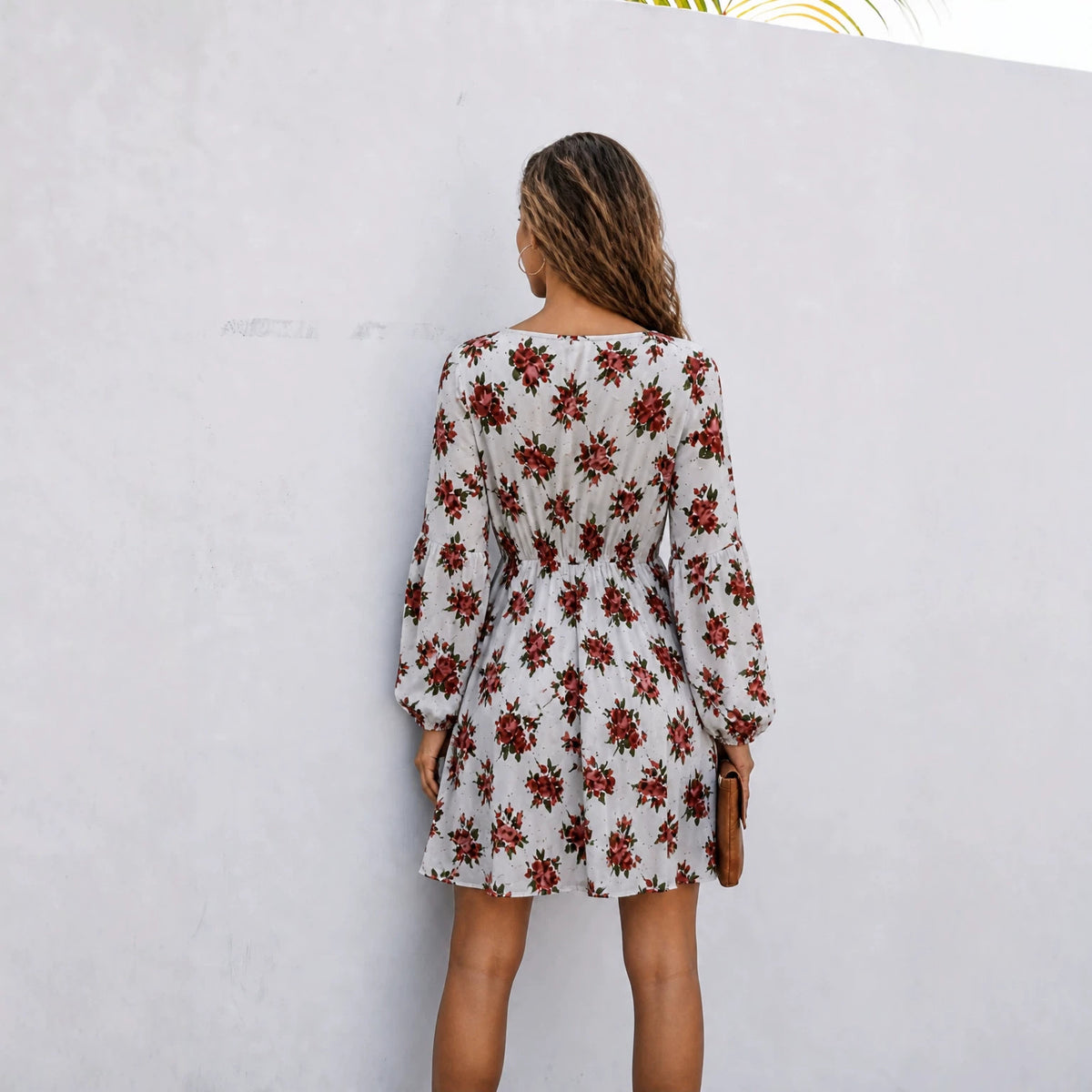 Autumn Women Clothing Eaby V neck Lace up Lantern Sleeve Dress