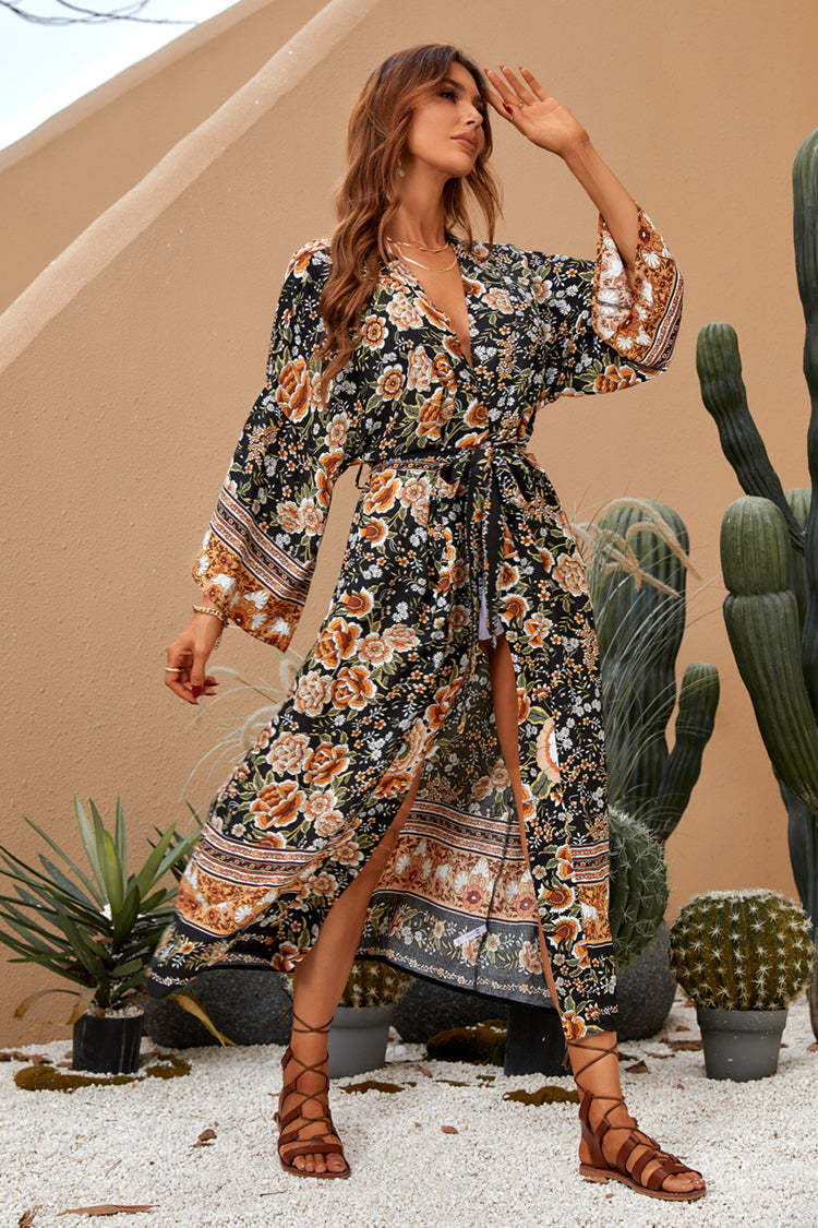 Shaken Leaves Floral Boho Maxi Dress