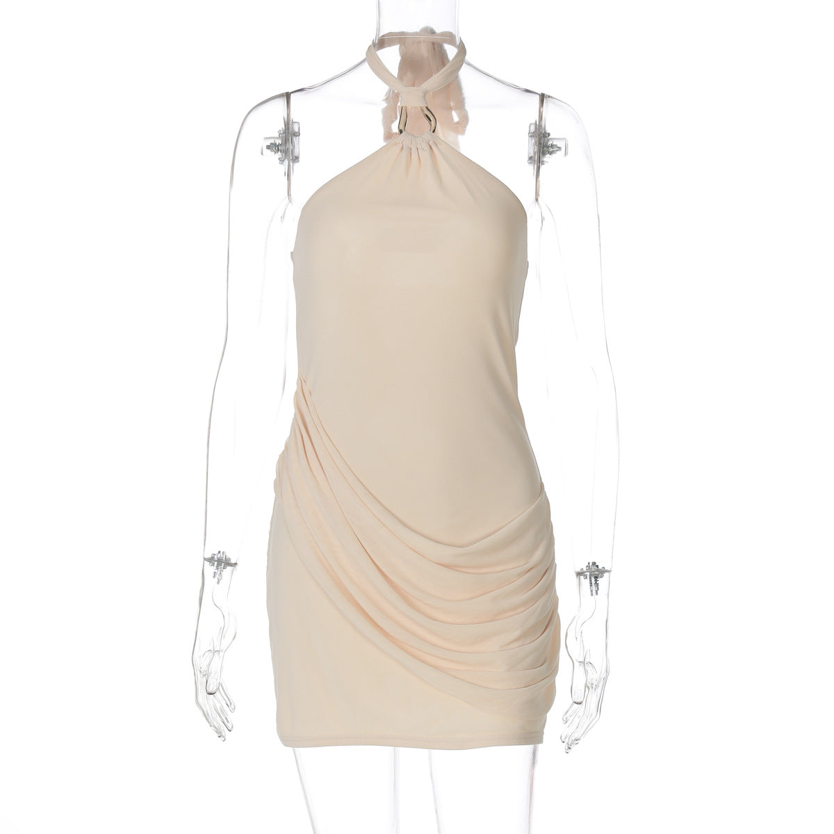 Halter Neck O Ring Draped Mesh Overlay Bodycon Mini Dress 6