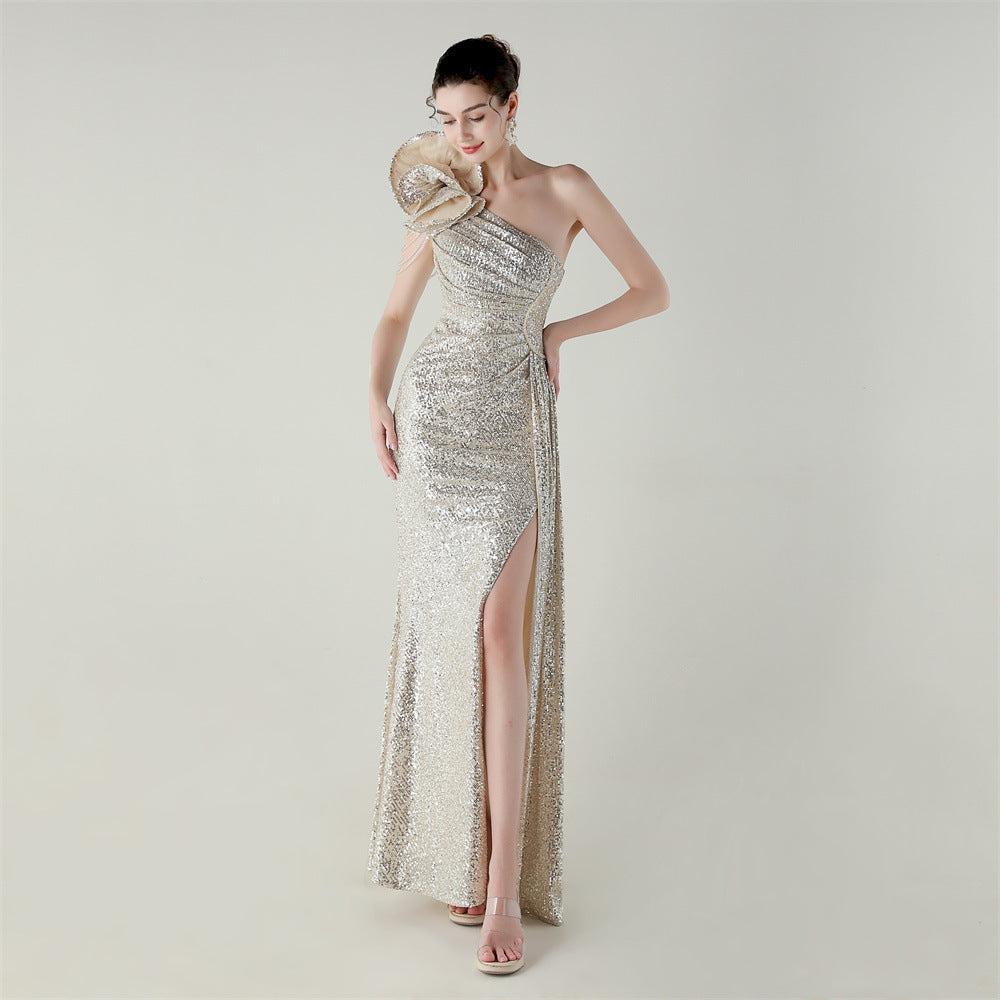 Craft Floral Beaded One Shoulder Diagonal Collar Fishtail Evening Dress Dinner Wedding Awards Ceremony Social Dress - FashionAxe