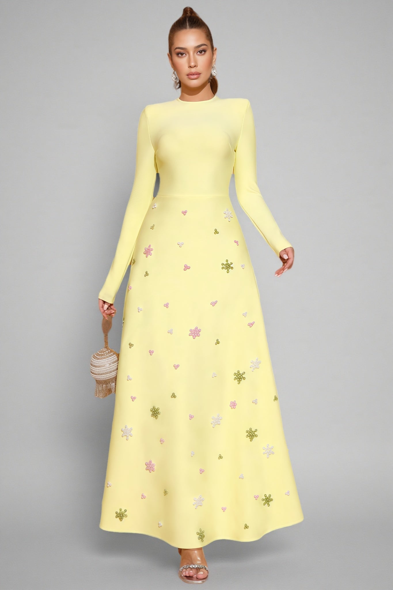 Long Sleeve Crew Neck Beaded Floral Applique A-Line Maxi Gown