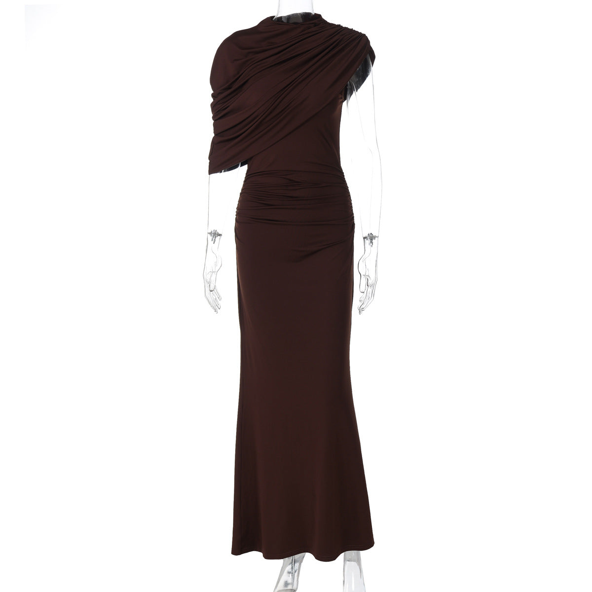 Draped One Shoulder Cape Ruched Waist Bodycon Maxi Dress 6