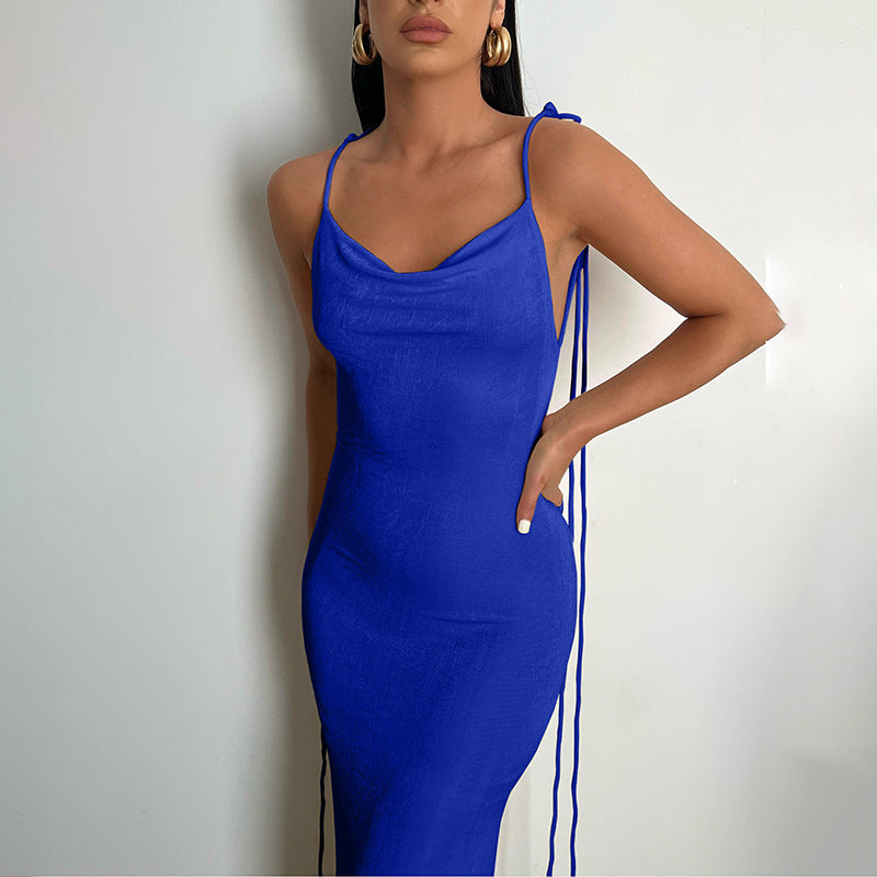 Summer Slim Lace up Backless Sheath Long Dress - View 3