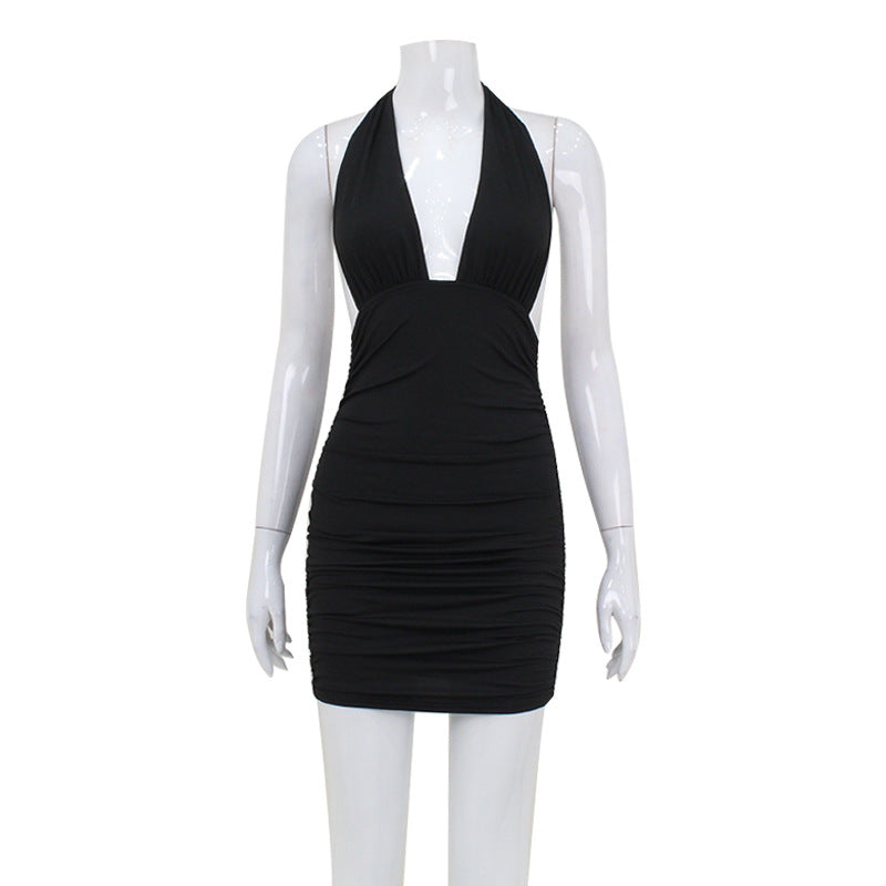 Deep V-Neck Halter Backless Ruched Bodycon Mini Dress 4