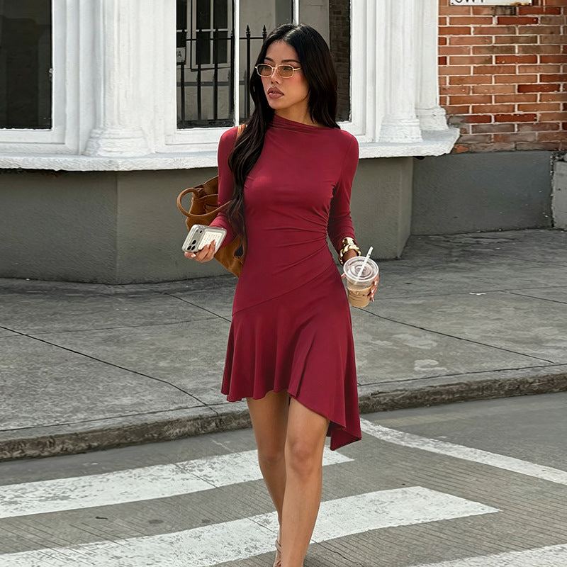 Mock Neck Long Sleeve Fitted Asymmetric Hem Mini Dress 3