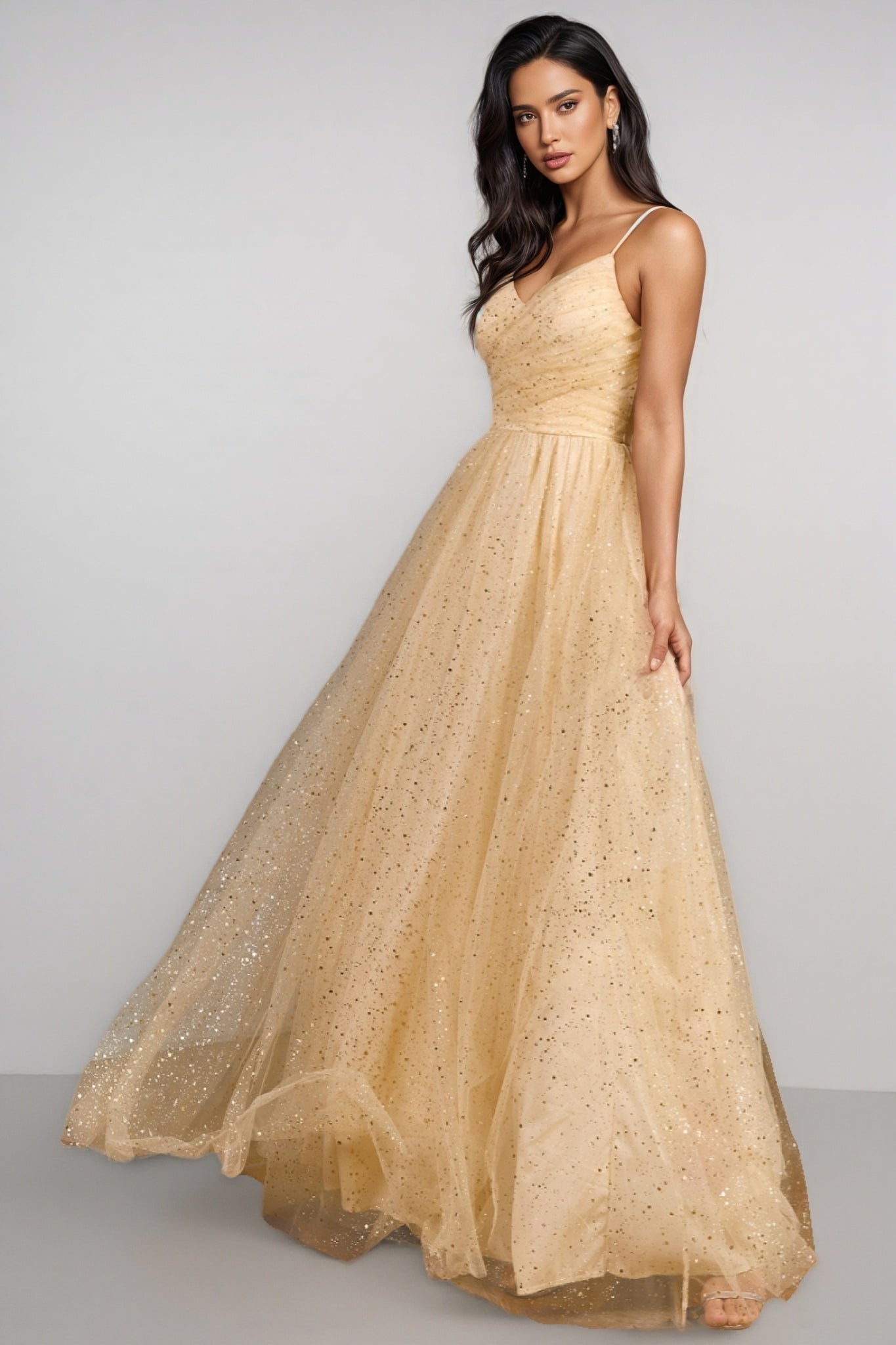 Glitter Tulle V-Neck Spaghetti Strap Ruched A-Line Maxi Gown