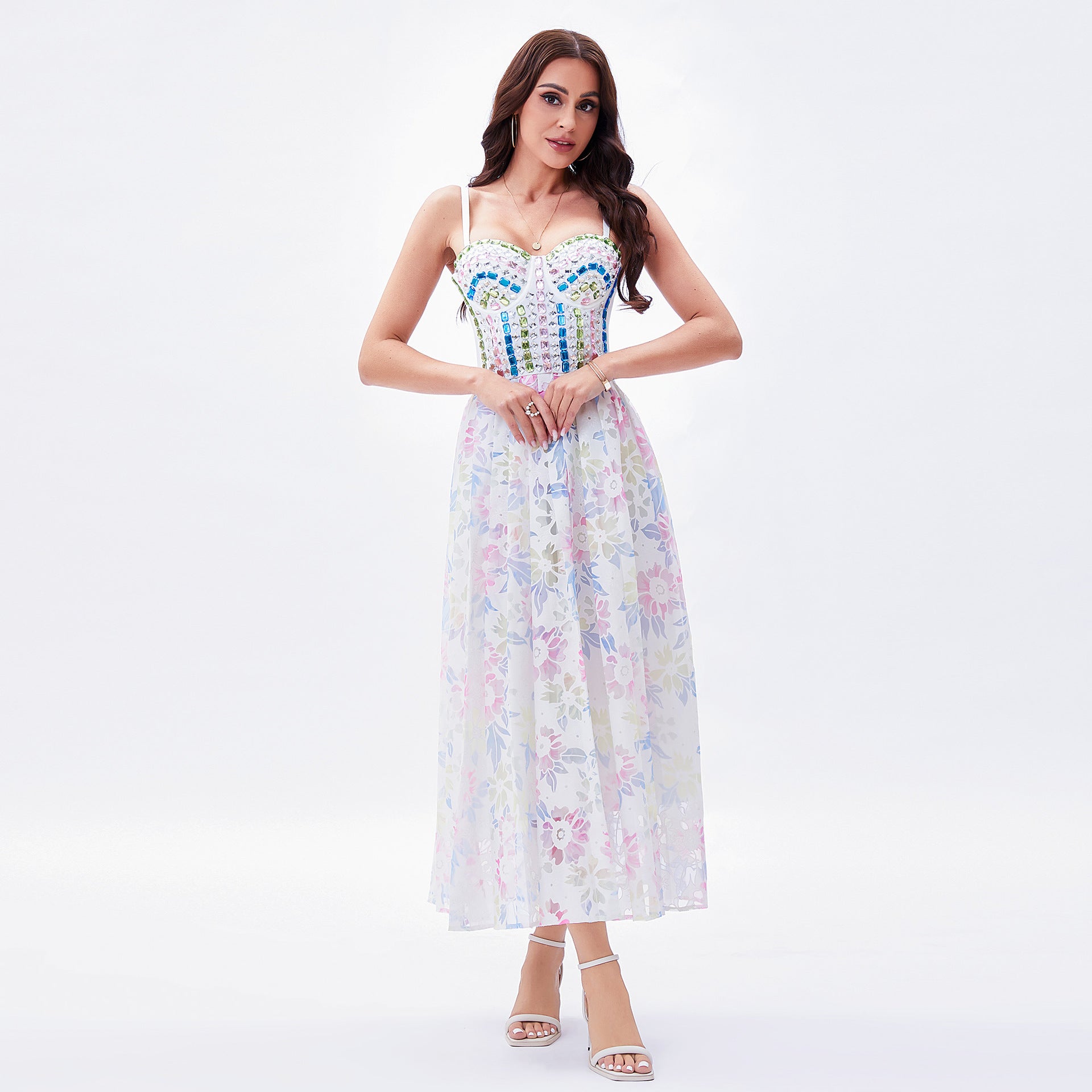 Spaghetti Strap Sweetheart Beaded Corset 3D Floral Fit and Flare Midi Dress